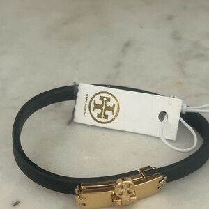 Tory Burch Black and Gold Turn Lock Logo Bracelet